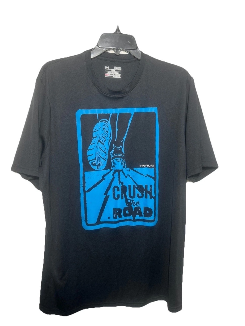 Under Armour Run Black Short Sleeve Tee XL with Blue 'Crush the Road' Graphic